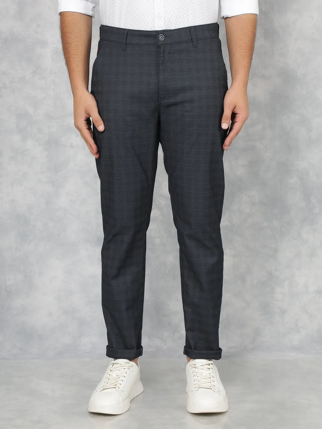Navy Blue Checkered Chinos Trousers