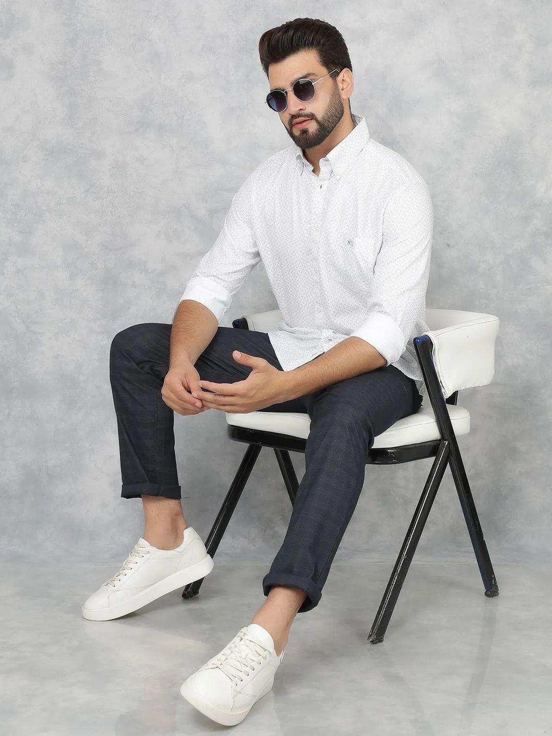 Navy Blue Checkered Chinos Trousers