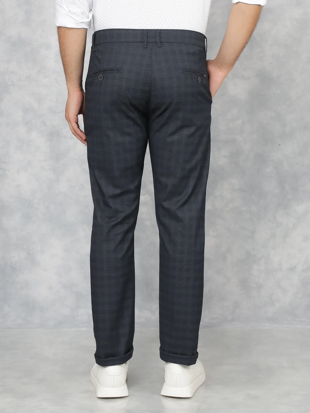 Navy Blue Checkered Chinos Trousers