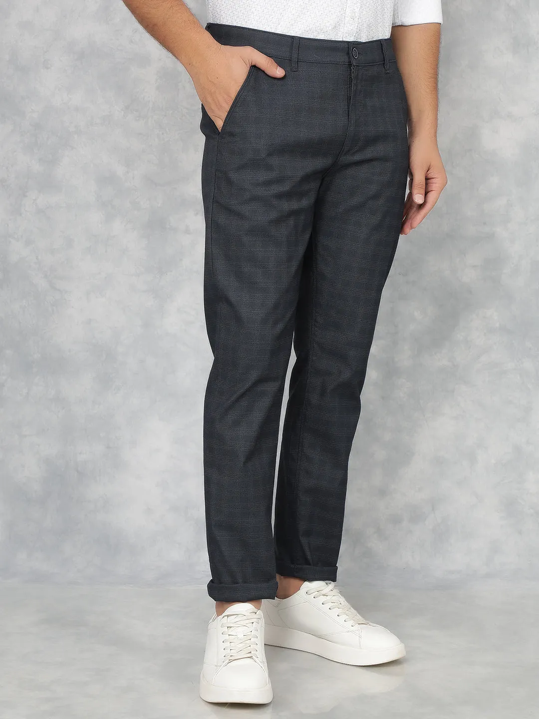 Navy Blue Checkered Chinos Trousers