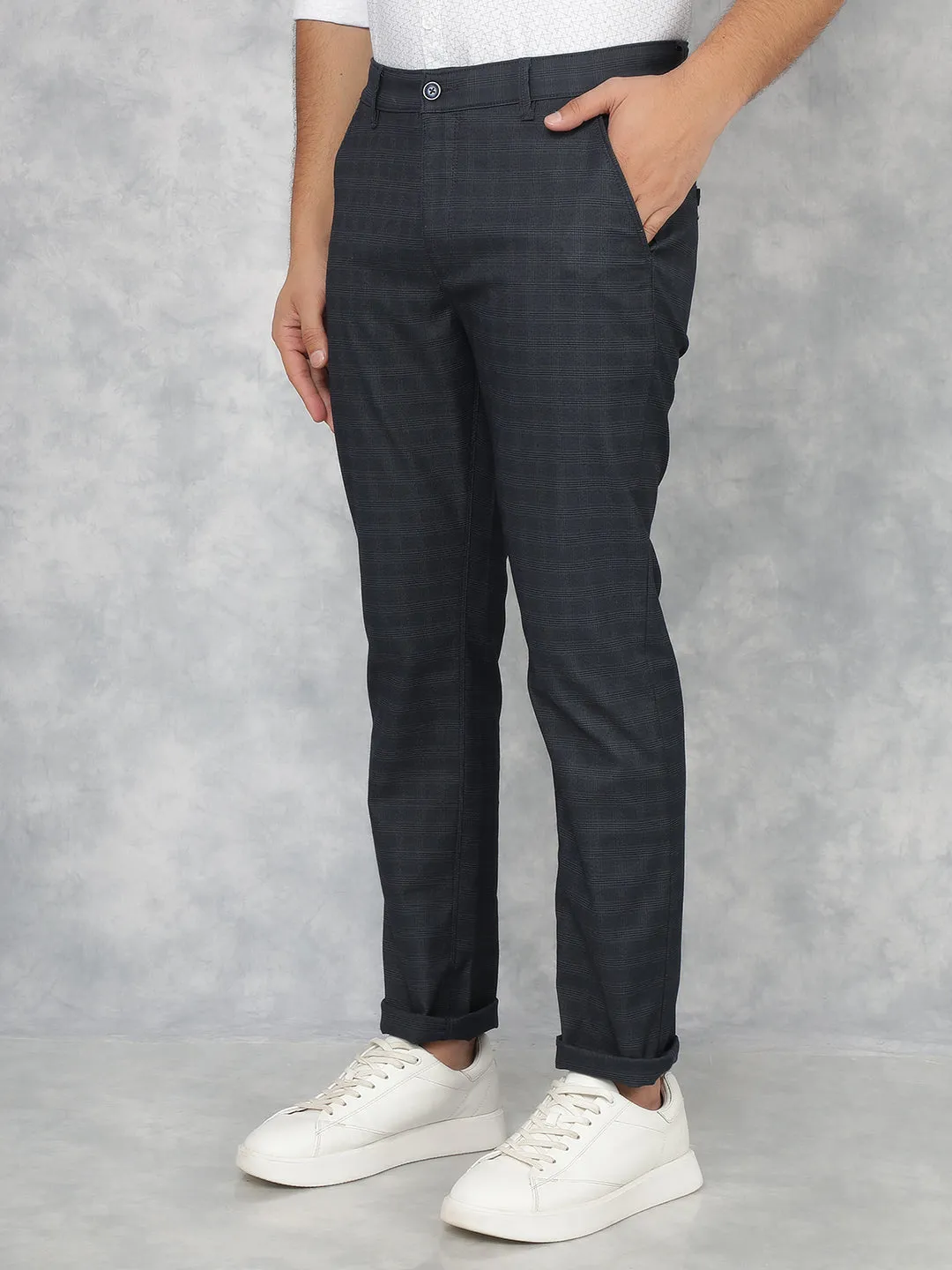Navy Blue Checkered Chinos Trousers