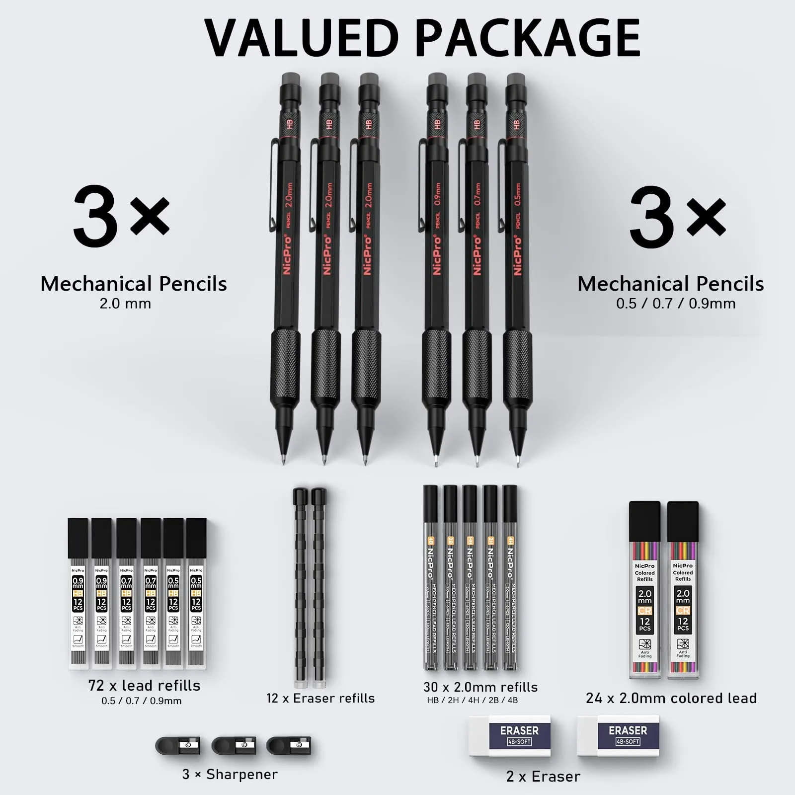 Nicpro 27PCS Art Mechanical Pencils Set in Case, Metal Drafting Pencil 0.5, 0.7, 0.9 mm & 2mm with 13 Tube Lead Refills(4B 2B HB 2H 4H Colors) Weatherproof Barrel for Outdoor Writing Drawing Sketching