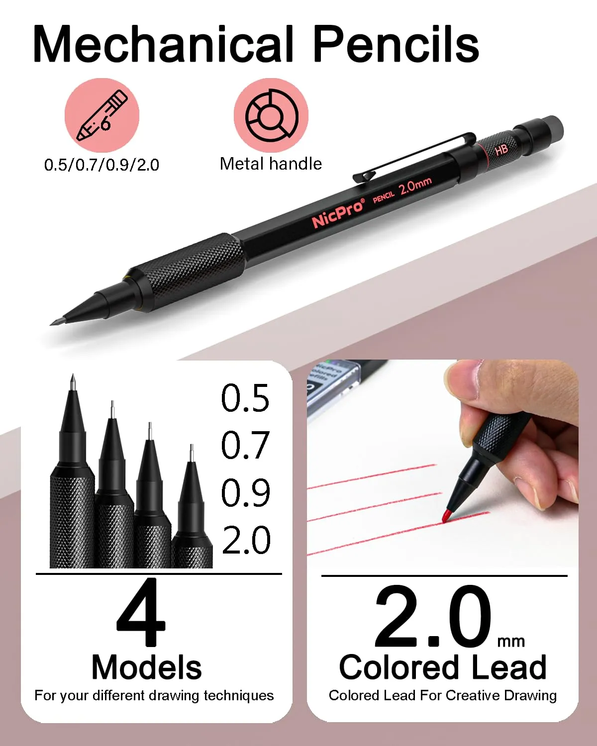 Nicpro 27PCS Art Mechanical Pencils Set in Case, Metal Drafting Pencil 0.5, 0.7, 0.9 mm & 2mm with 13 Tube Lead Refills(4B 2B HB 2H 4H Colors) Weatherproof Barrel for Outdoor Writing Drawing Sketching