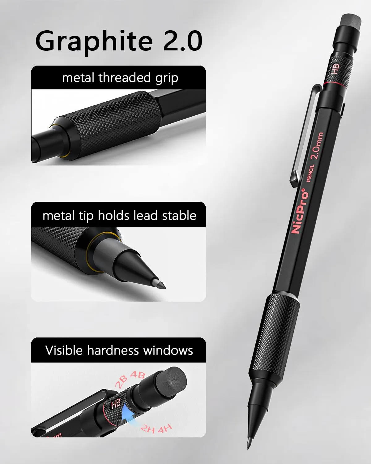 Nicpro 27PCS Art Mechanical Pencils Set in Case, Metal Drafting Pencil 0.5, 0.7, 0.9 mm & 2mm with 13 Tube Lead Refills(4B 2B HB 2H 4H Colors) Weatherproof Barrel for Outdoor Writing Drawing Sketching