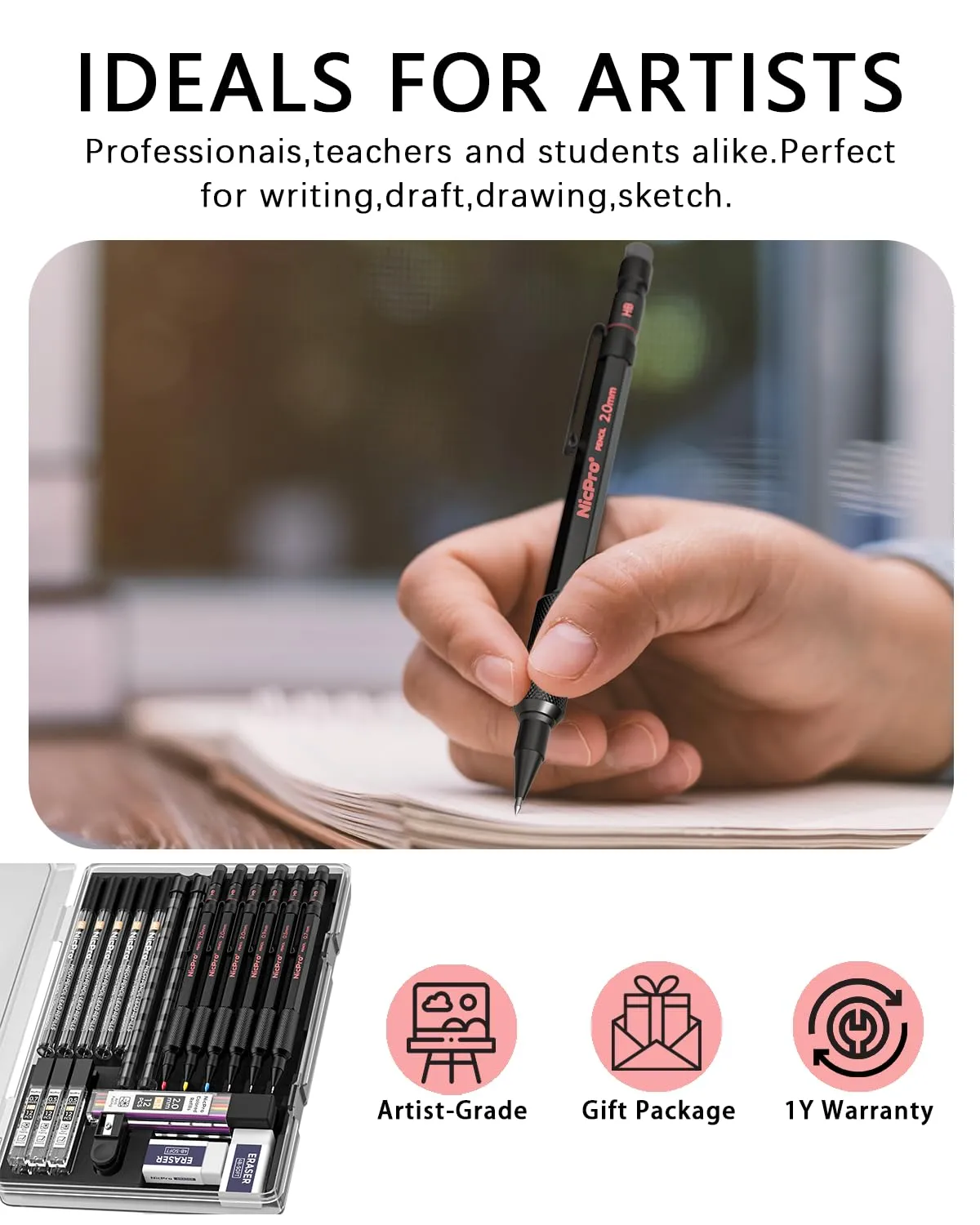 Nicpro 27PCS Art Mechanical Pencils Set in Case, Metal Drafting Pencil 0.5, 0.7, 0.9 mm & 2mm with 13 Tube Lead Refills(4B 2B HB 2H 4H Colors) Weatherproof Barrel for Outdoor Writing Drawing Sketching