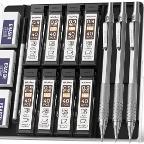 Nicpro 3 Pcs 0.9 mm Metal Mechanical Pencils, with 6 Tubes HB Lead Refills, 3Pcs Erasers, Erasers Refills, Drafting Pencil Set with Case - Silver