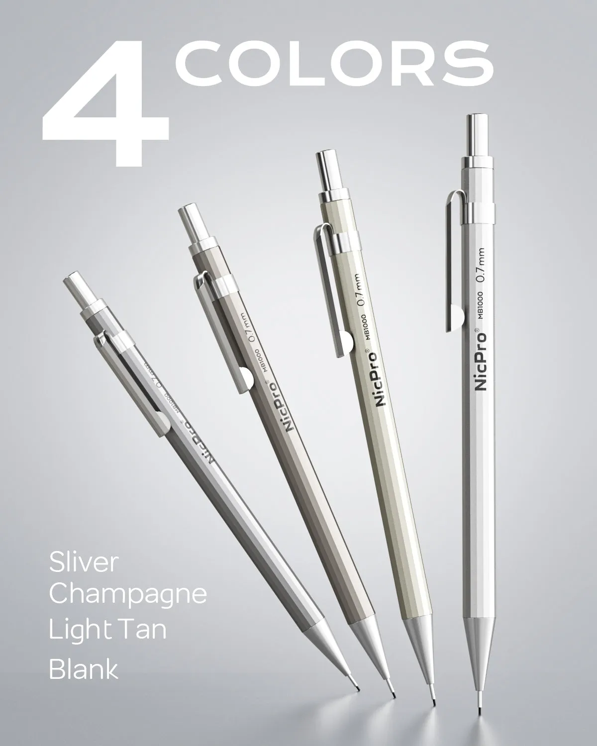 Nicpro 4PCS 0.7 mm Metal Mechanical Pencils Set, Lead Drafting Pencil for Artist Writing, Sketching, Drawing, with 8 Tubes HB Lead Refills & 3PCS 4B Erasers, 9PCS Erasers Refills | Come with Case