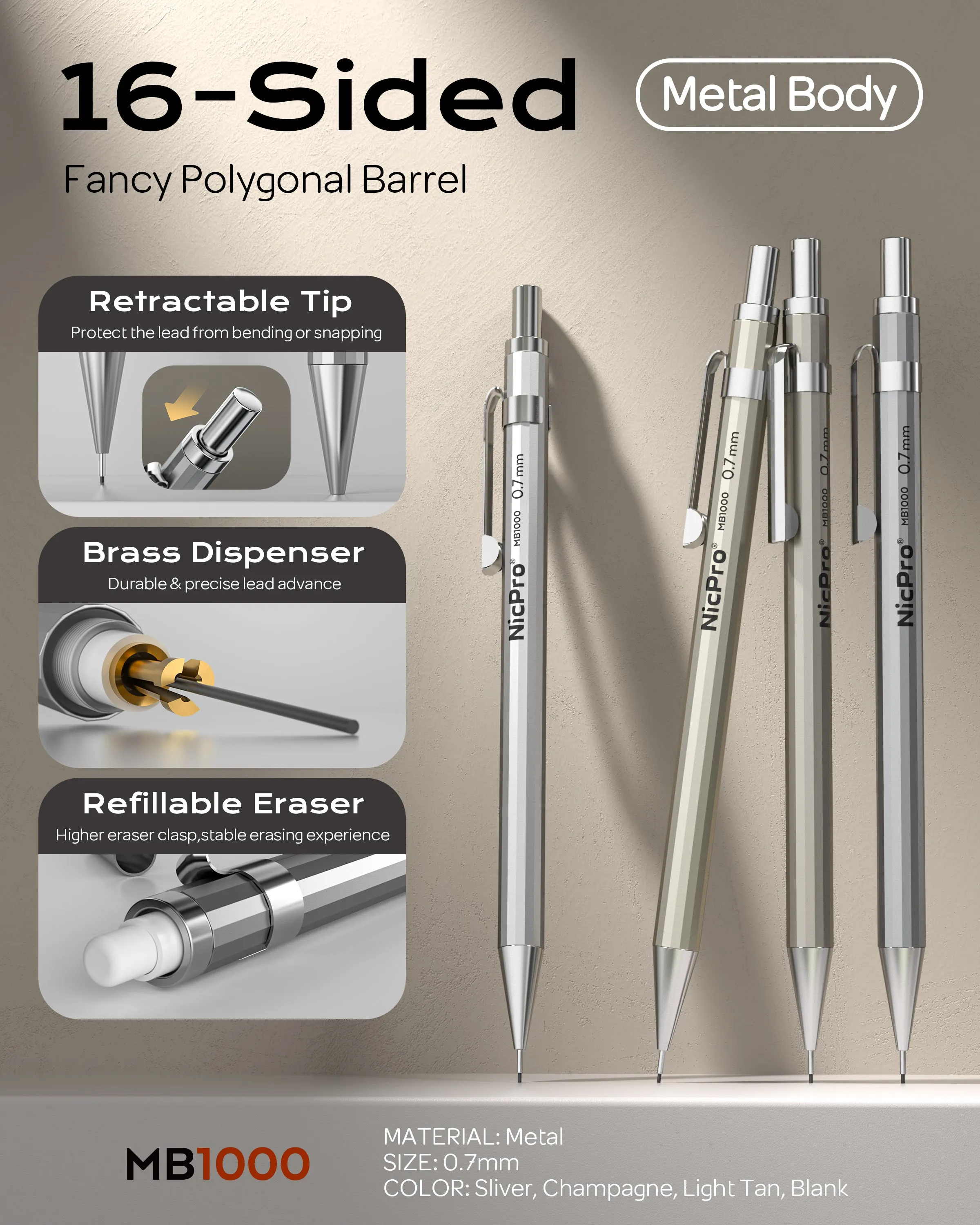 Nicpro 4PCS 0.7 mm Metal Mechanical Pencils Set, Lead Drafting Pencil for Artist Writing, Sketching, Drawing, with 8 Tubes HB Lead Refills & 3PCS 4B Erasers, 9PCS Erasers Refills | Come with Case