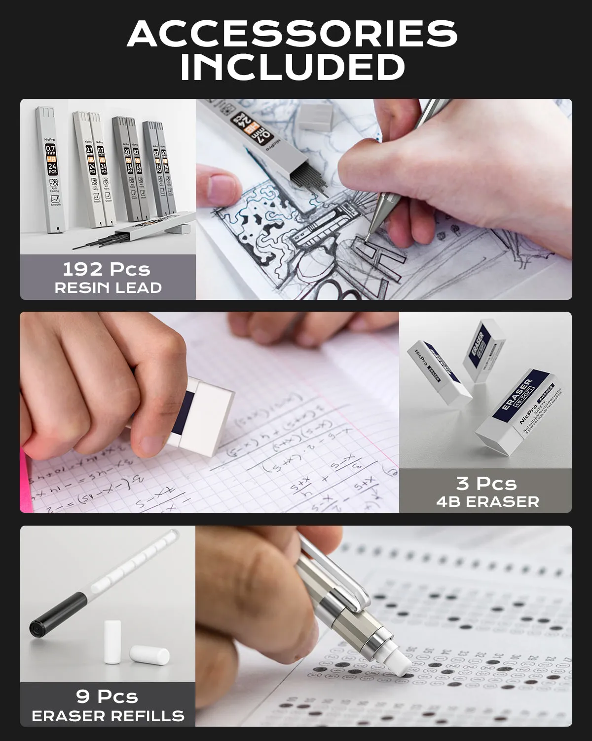 Nicpro 4PCS 0.7 mm Metal Mechanical Pencils Set, Lead Drafting Pencil for Artist Writing, Sketching, Drawing, with 8 Tubes HB Lead Refills & 3PCS 4B Erasers, 9PCS Erasers Refills | Come with Case