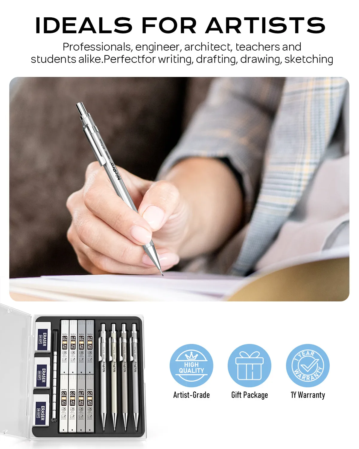 Nicpro 4PCS 0.7 mm Metal Mechanical Pencils Set, Lead Drafting Pencil for Artist Writing, Sketching, Drawing, with 8 Tubes HB Lead Refills & 3PCS 4B Erasers, 9PCS Erasers Refills | Come with Case