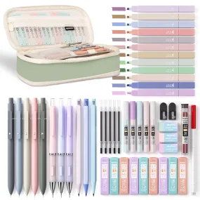 Nicpro 50 PCS Aesthetic School Supplies with Pen Case, 12 Colors Chisel Tip Cute Highlighters, 5 Quick Dry Retractable Black Ink Pens, 6 Pastel Mechanical Pencil 0.5 & 0.7 & 0.9 & 2.0 mm for Students