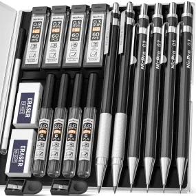 Nicpro 6 PCS Art Mechanical Pencils Set, Black Metal Drafting Pencil 0.3, 0.5, 0.7, 0.9 mm & 2PCS 2mm Graphite Lead Holder(4B 2B HB 2H) For Writing Sketching Drawing With 8 Lead Refills Eraser Case