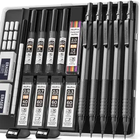 Nicpro Black Art Mechanical Pencil Set, 5PCS Metal Drafting Pencils 0.3, 0.5, 0.7, 0.9, 2mm Lead Pencil Holder (4B 2B HB 2H Colored Lead) For Writing Sketching Drawing With 9 Lead Refills Eraser Case