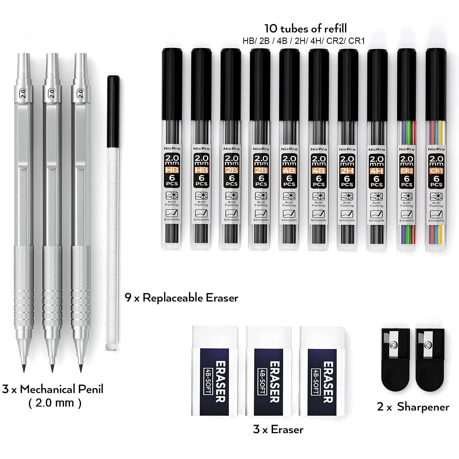 Nicpro Metal 2.0 Mechanical Pencil Set with Case, 3 PCS Drafting Lead Holder with 10 Tubes 2mm Graphite Lead Refill(HB 2H 4H 2B 4B) &Colors, Sharpeners, Erasers for Artist Writing, Drawing, Sketching