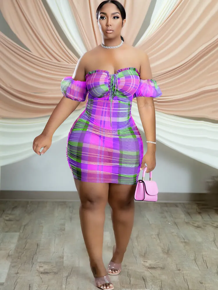 Off Shouder Plaid Short Sleeve Ruched Mini Dress