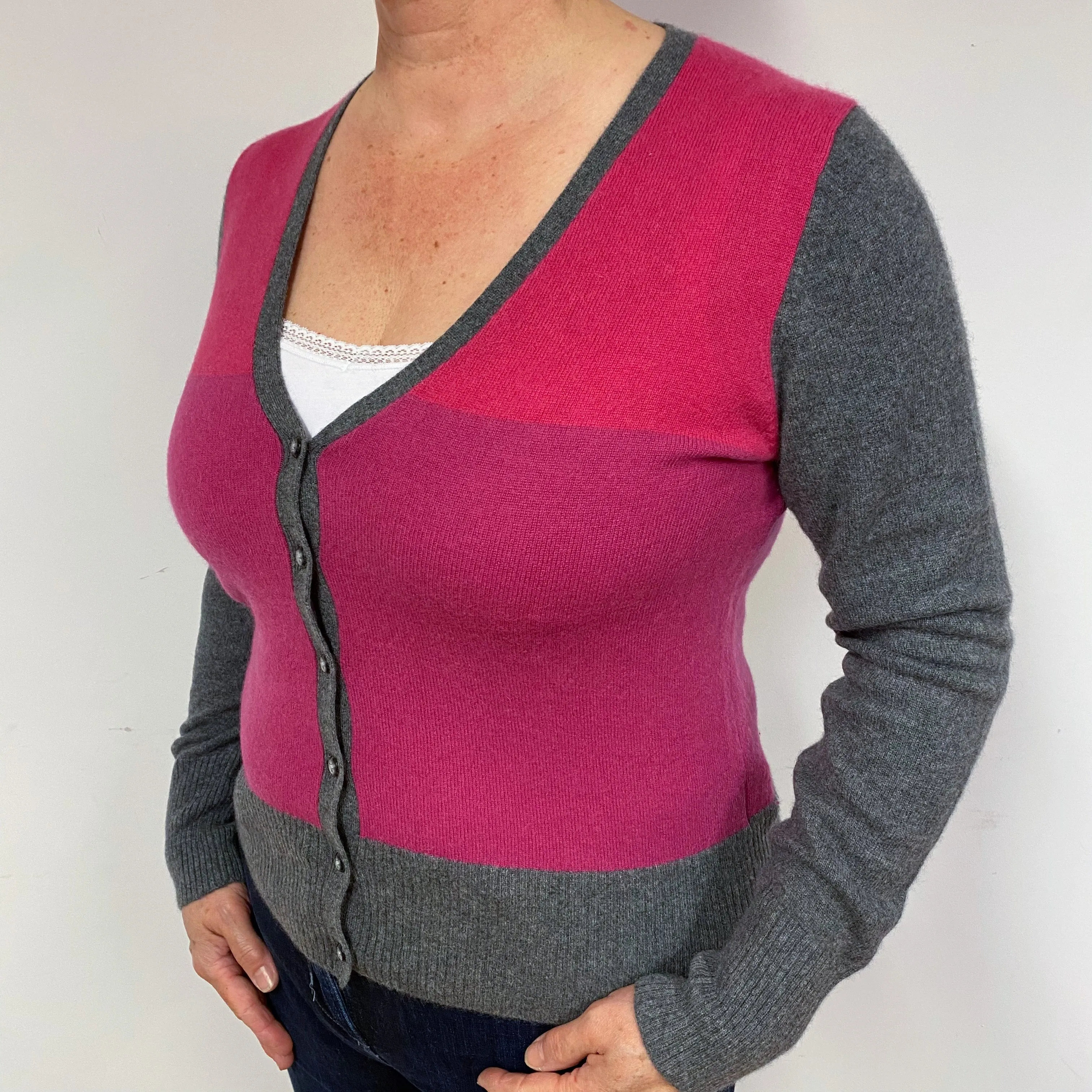 Pink and Grey Cashmere V-Neck Cardigan Large