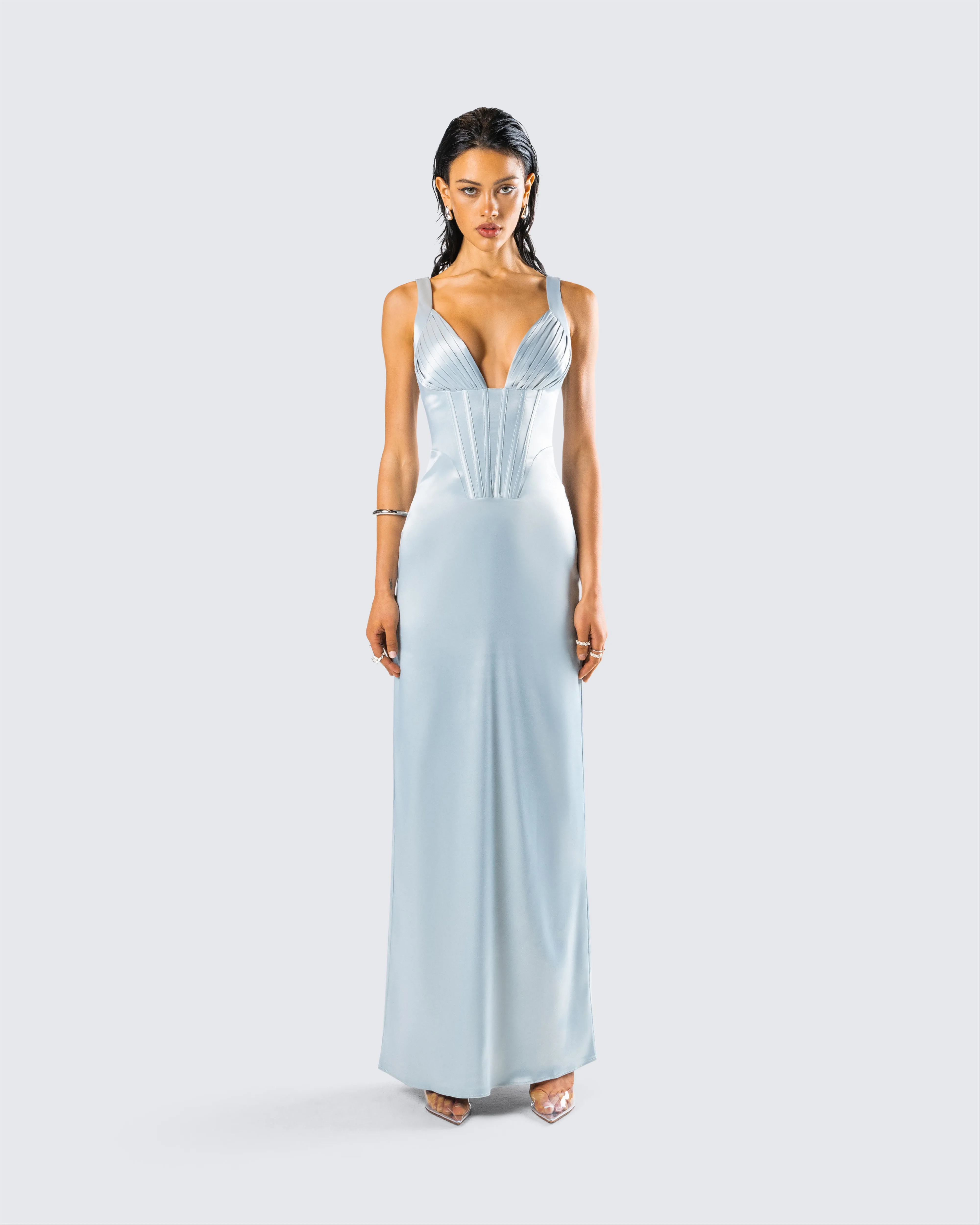 Rasha Teal Satin Corset Maxi Dress