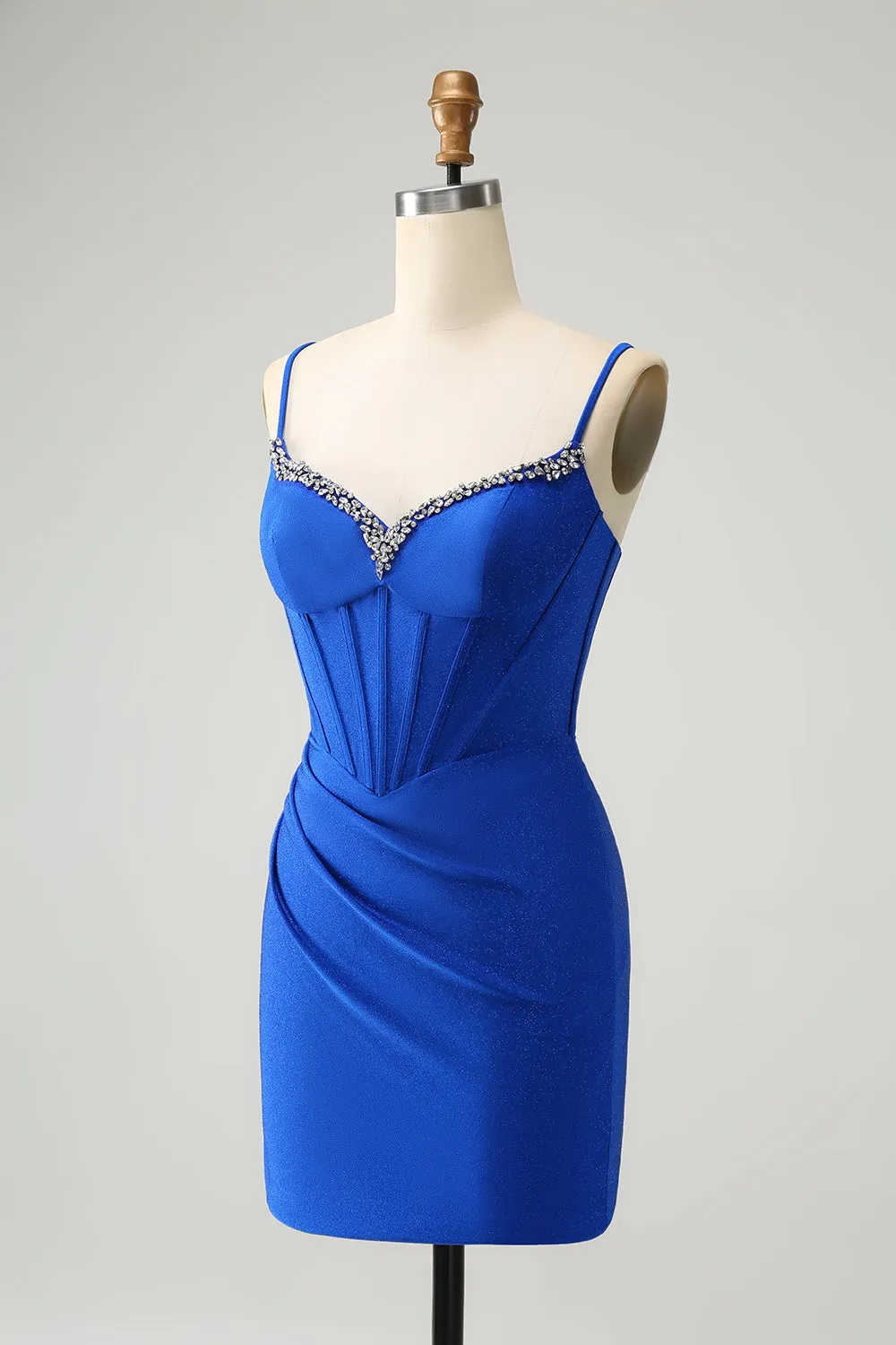 Royal Blue Glitter Corset Spaghetti straps Tight Homecoming Dress with Beading