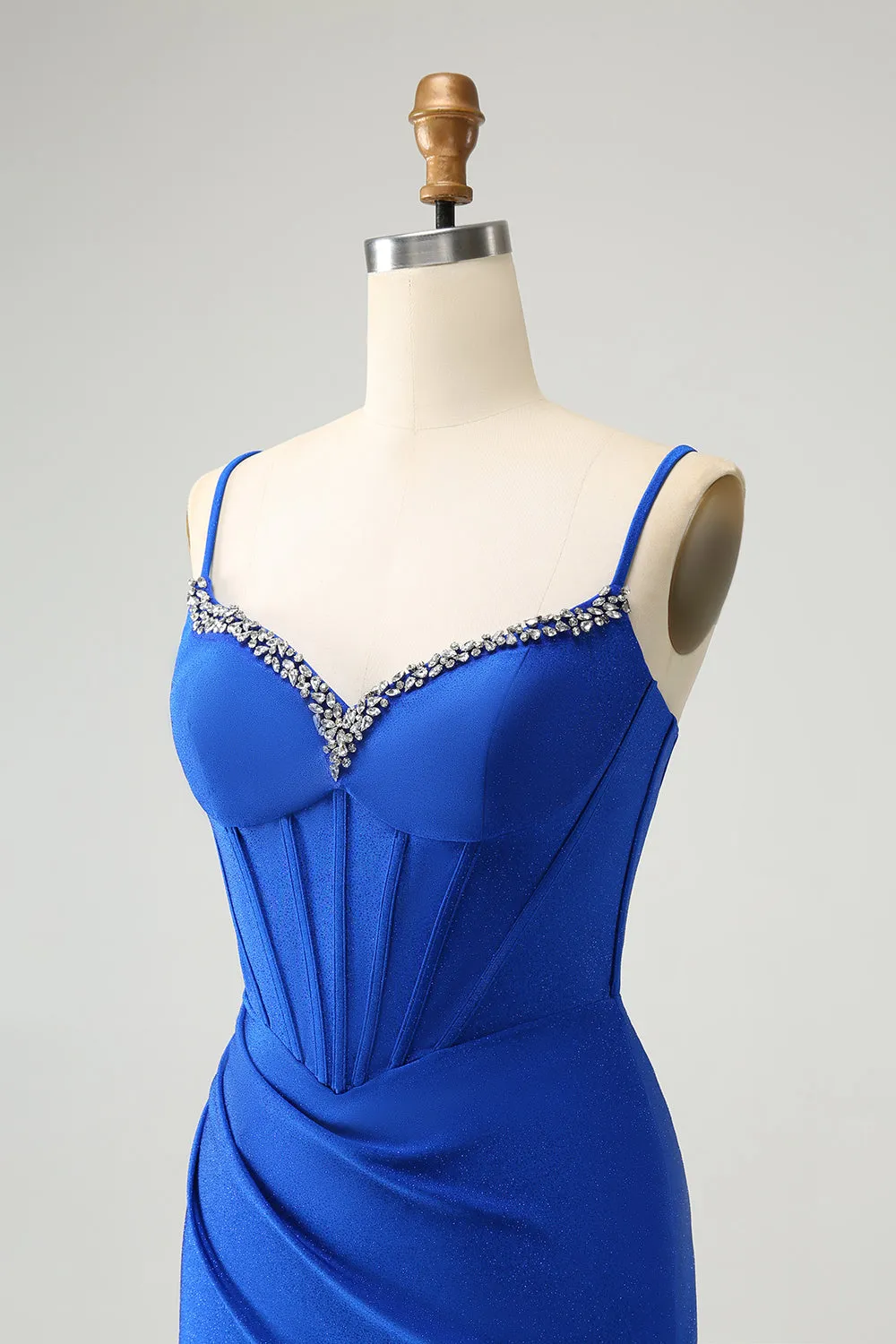 Royal Blue Glitter Corset Spaghetti straps Tight Homecoming Dress with Beading