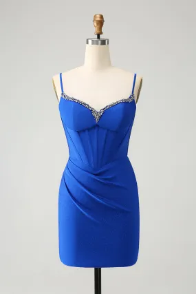 Royal Blue Glitter Corset Spaghetti straps Tight Homecoming Dress with Beading