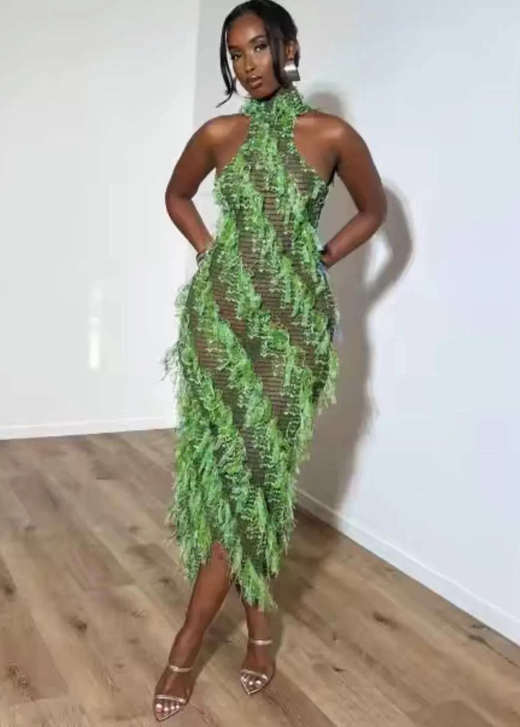 Salvadora Fringe Backless Midi Dress