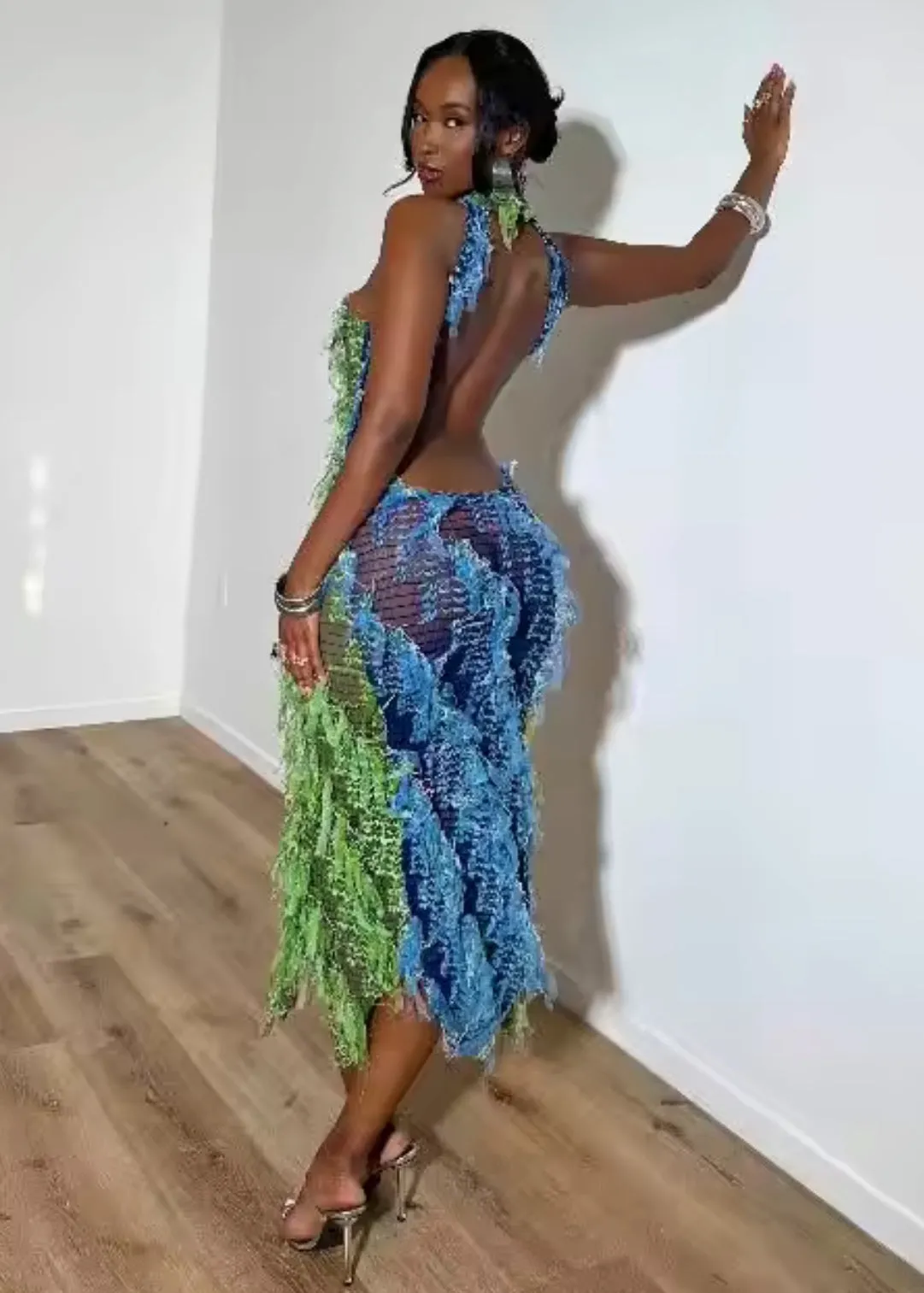 Salvadora Fringe Backless Midi Dress