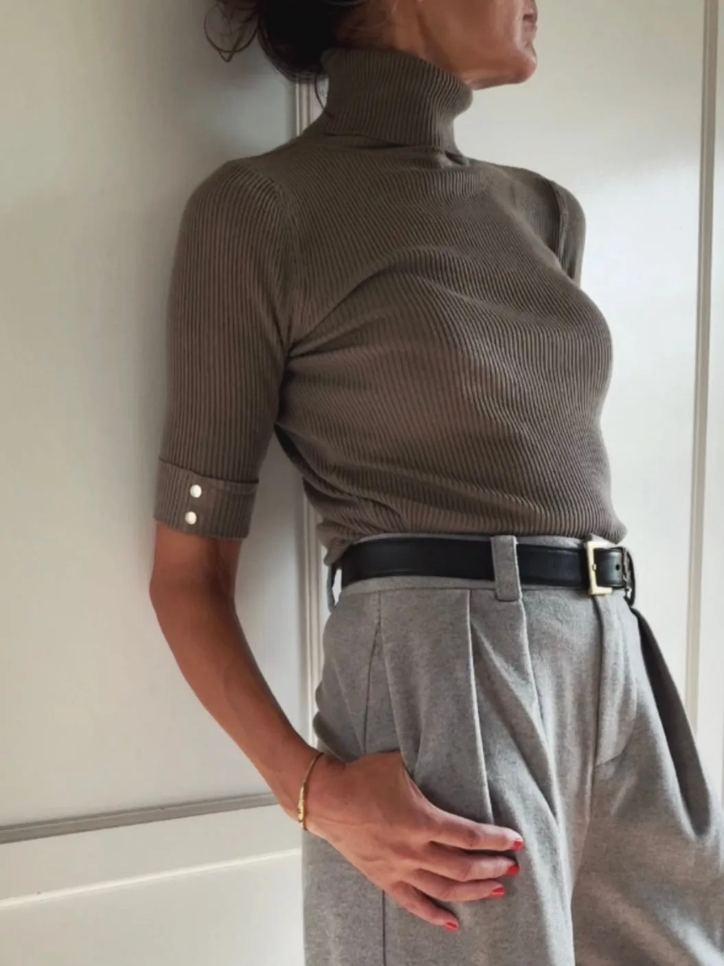 SHORT SLEEVE TURTLENECK RIB TOP - ARMY