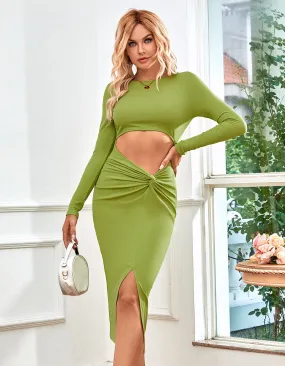 Solid-color Round Neck Long Sleeve Cut Out Slits Midi Bodycon Dresses