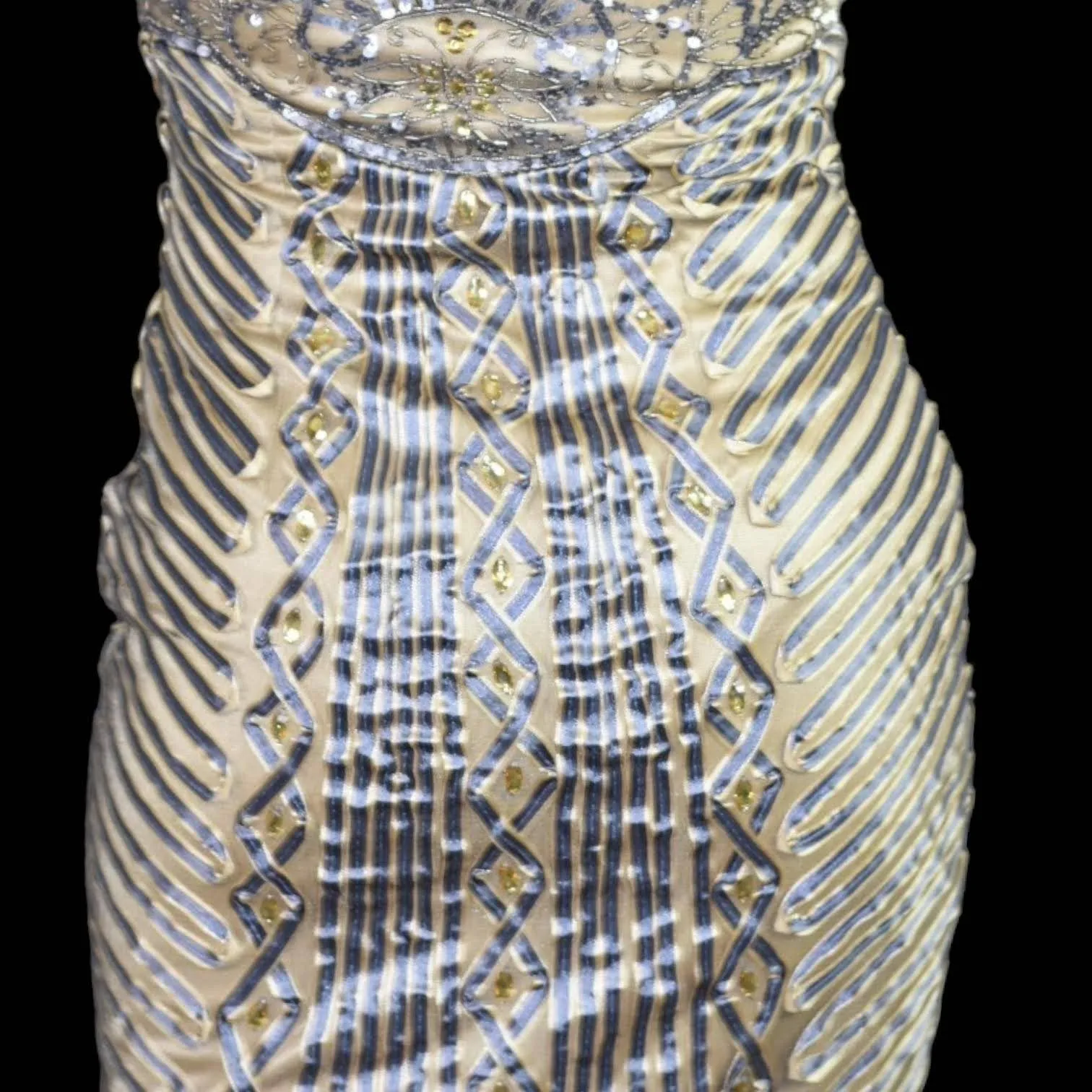 Sue Wong Cocktail Dress Gold Scalloped Party Rhinestones Embellished Beaded Size 4
