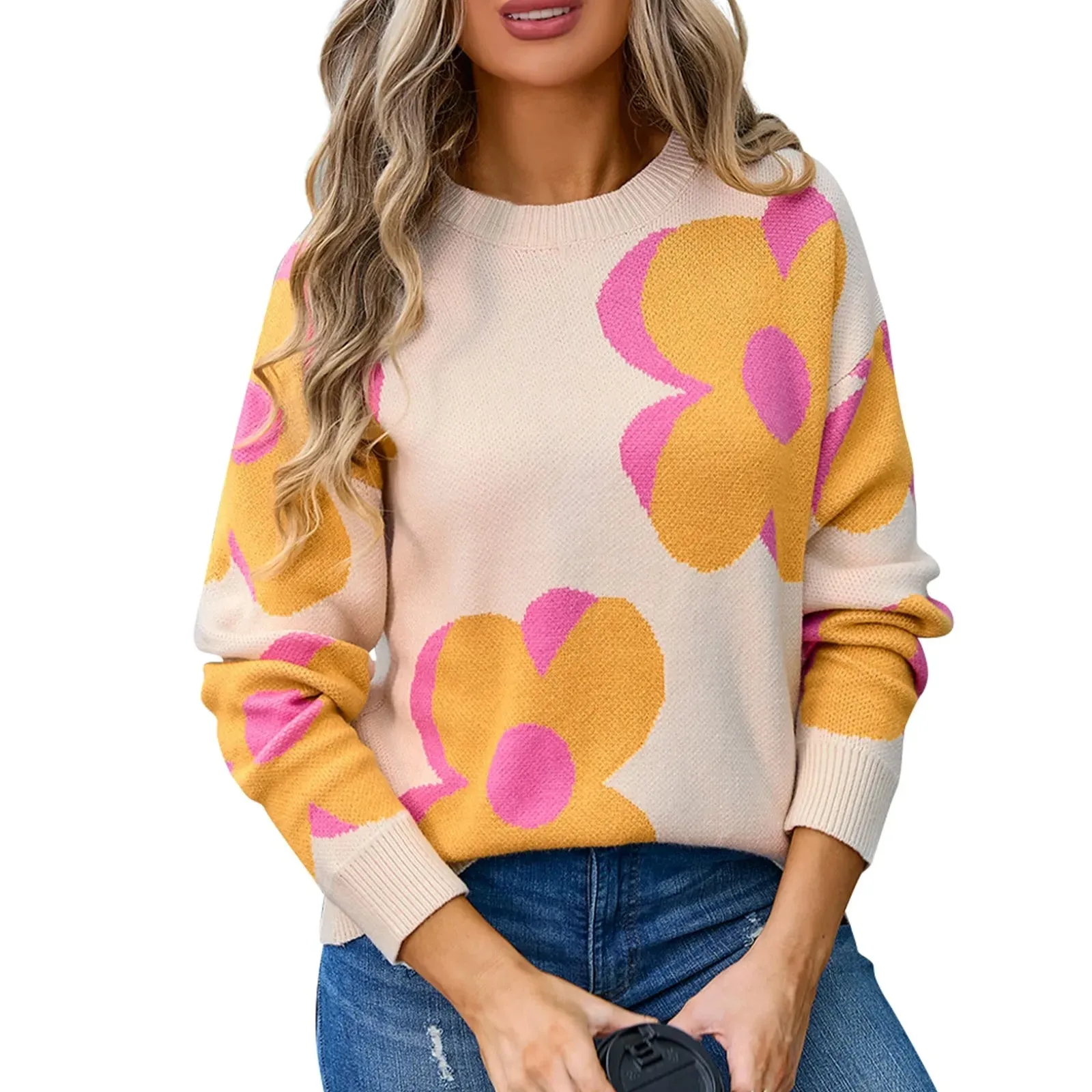 Trendy Big Flower Knit Sweater - Women’s Cozy Crewneck Jumper