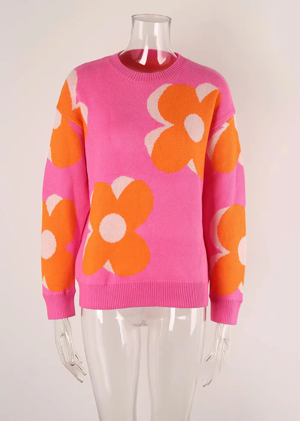 Trendy Big Flower Knit Sweater - Women’s Cozy Crewneck Jumper