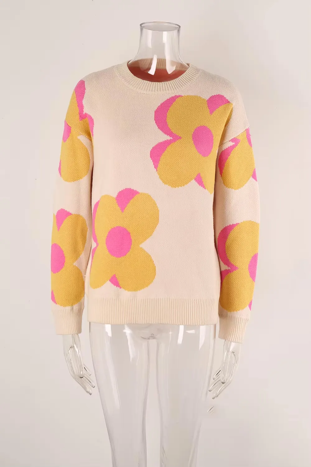 Trendy Big Flower Knit Sweater - Women’s Cozy Crewneck Jumper