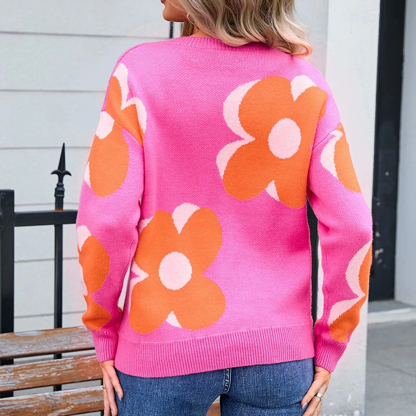 Trendy Big Flower Knit Sweater - Women’s Cozy Crewneck Jumper