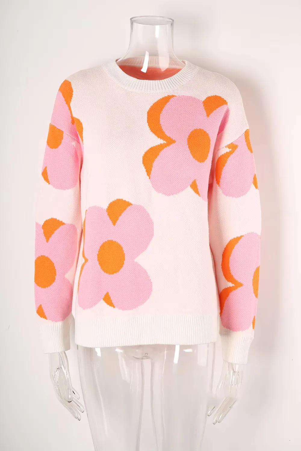 Trendy Big Flower Knit Sweater - Women’s Cozy Crewneck Jumper
