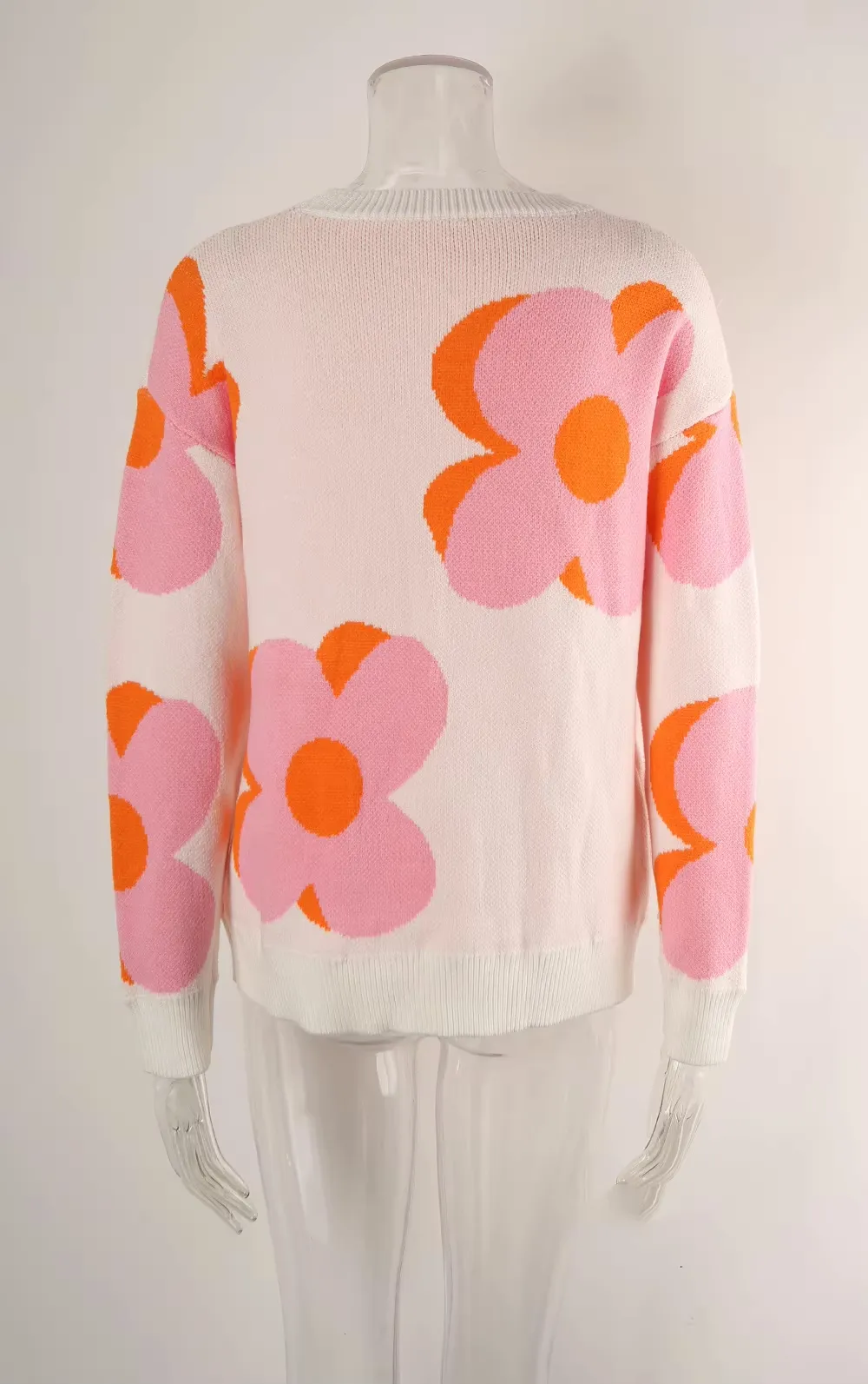Trendy Big Flower Knit Sweater - Women’s Cozy Crewneck Jumper