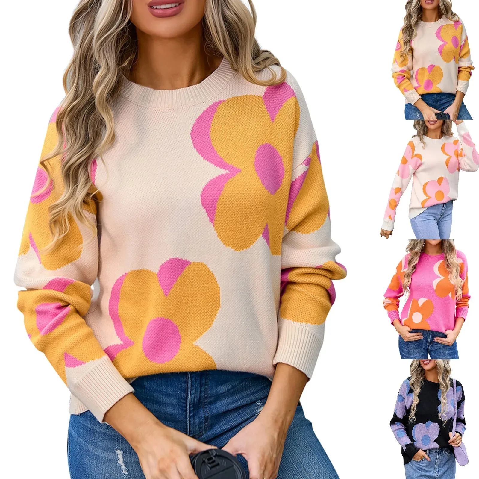 Trendy Big Flower Knit Sweater - Women’s Cozy Crewneck Jumper