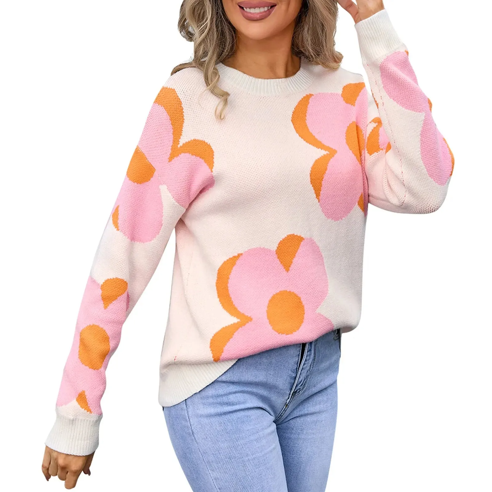 Trendy Big Flower Knit Sweater - Women’s Cozy Crewneck Jumper