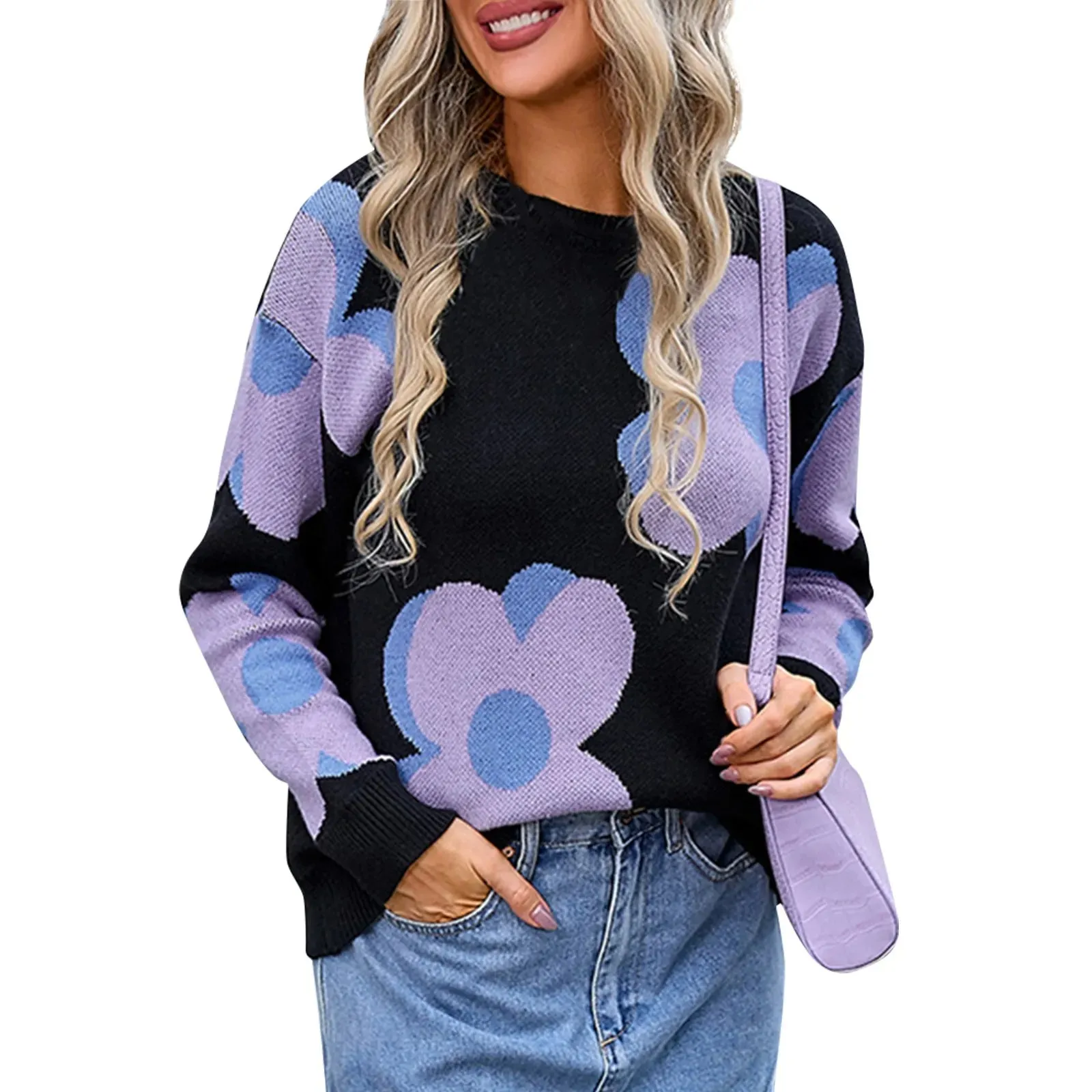 Trendy Big Flower Knit Sweater - Women’s Cozy Crewneck Jumper