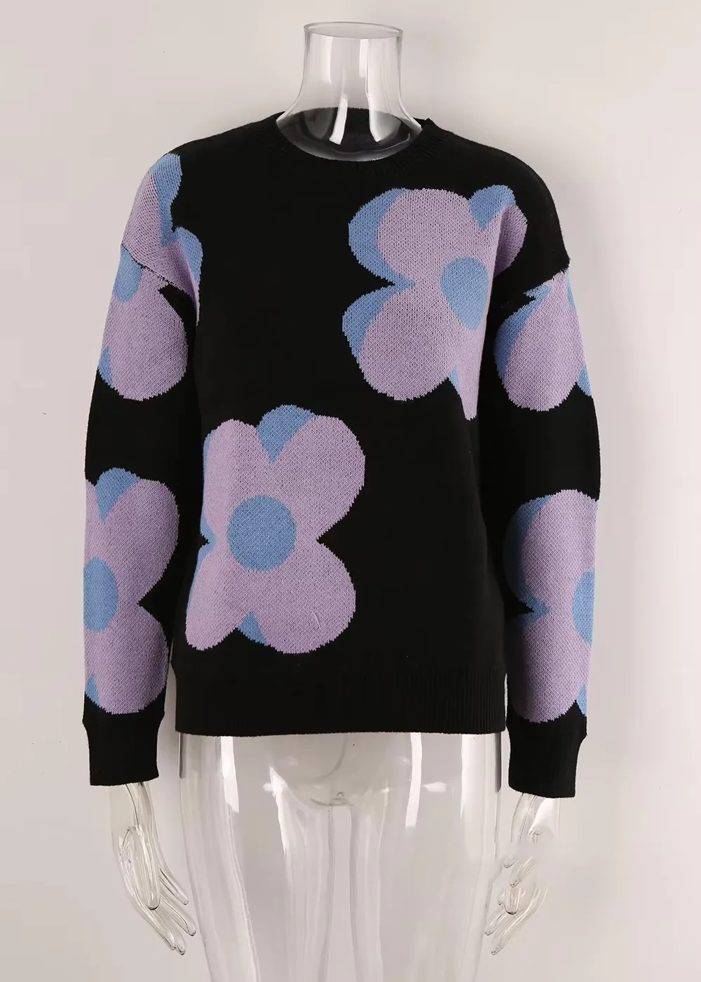 Trendy Big Flower Knit Sweater - Women’s Cozy Crewneck Jumper
