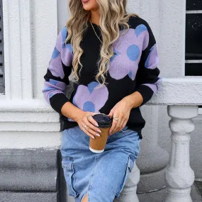 Trendy Big Flower Knit Sweater - Women’s Cozy Crewneck Jumper