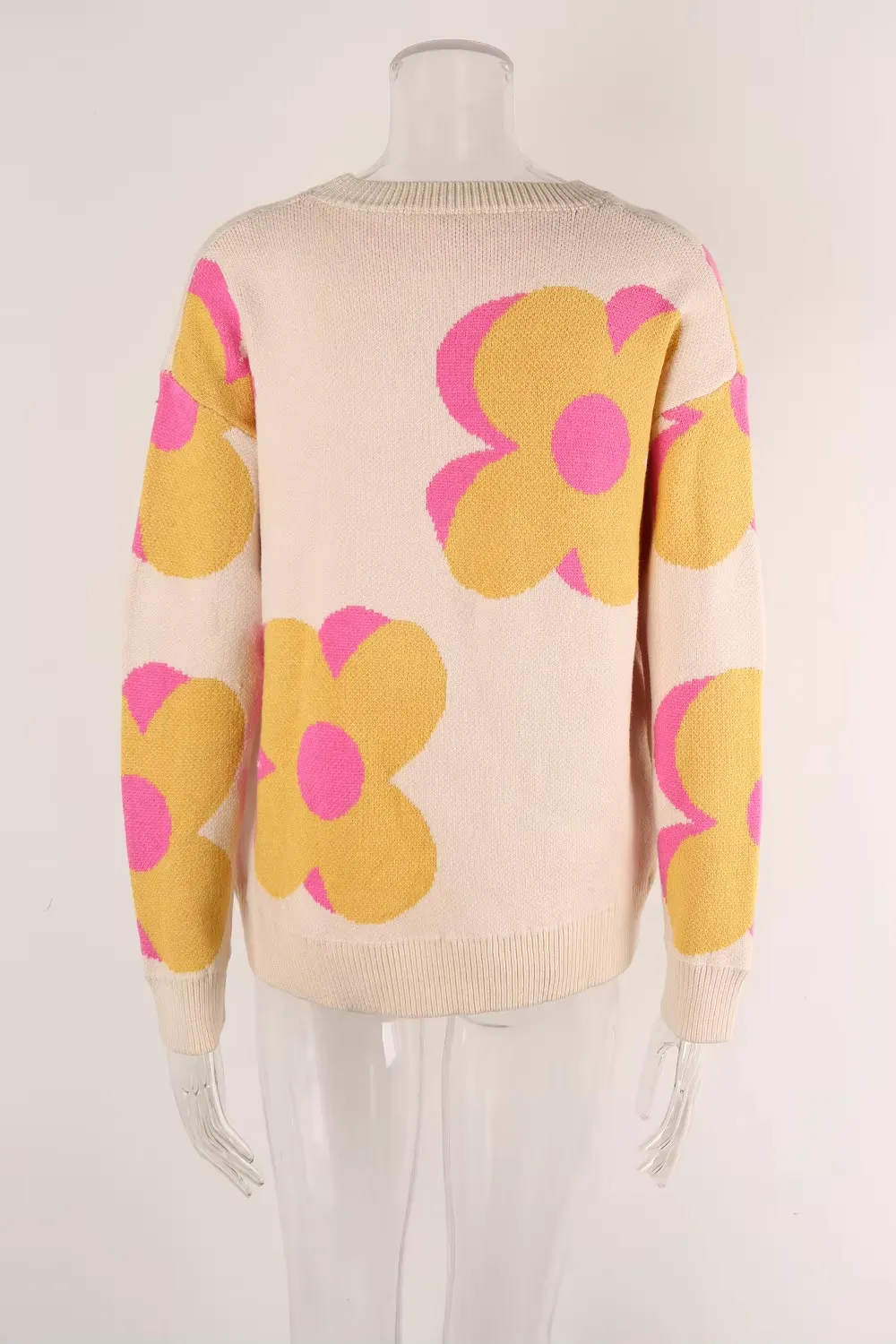 Trendy Big Flower Knit Sweater - Women’s Cozy Crewneck Jumper