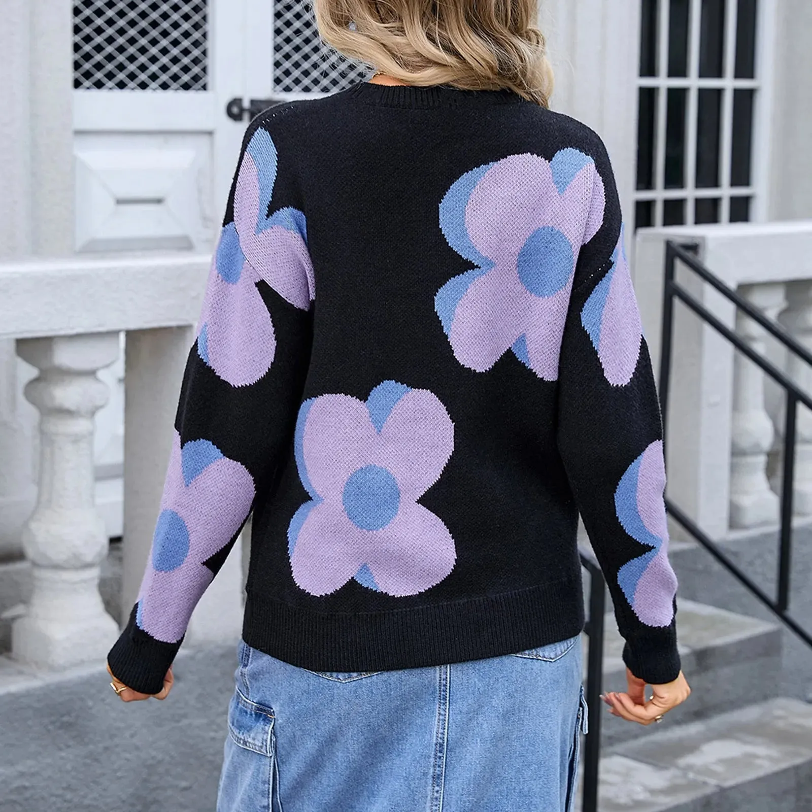 Trendy Big Flower Knit Sweater - Women’s Cozy Crewneck Jumper