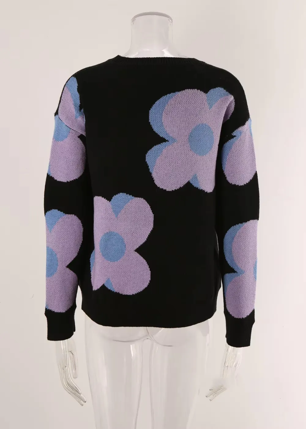 Trendy Big Flower Knit Sweater - Women’s Cozy Crewneck Jumper