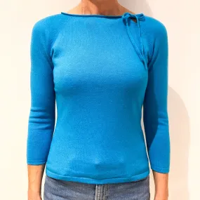 Turquoise Blue 3/4 Sleeve Tie Neck Cashmere Crew Neck Jumper Small