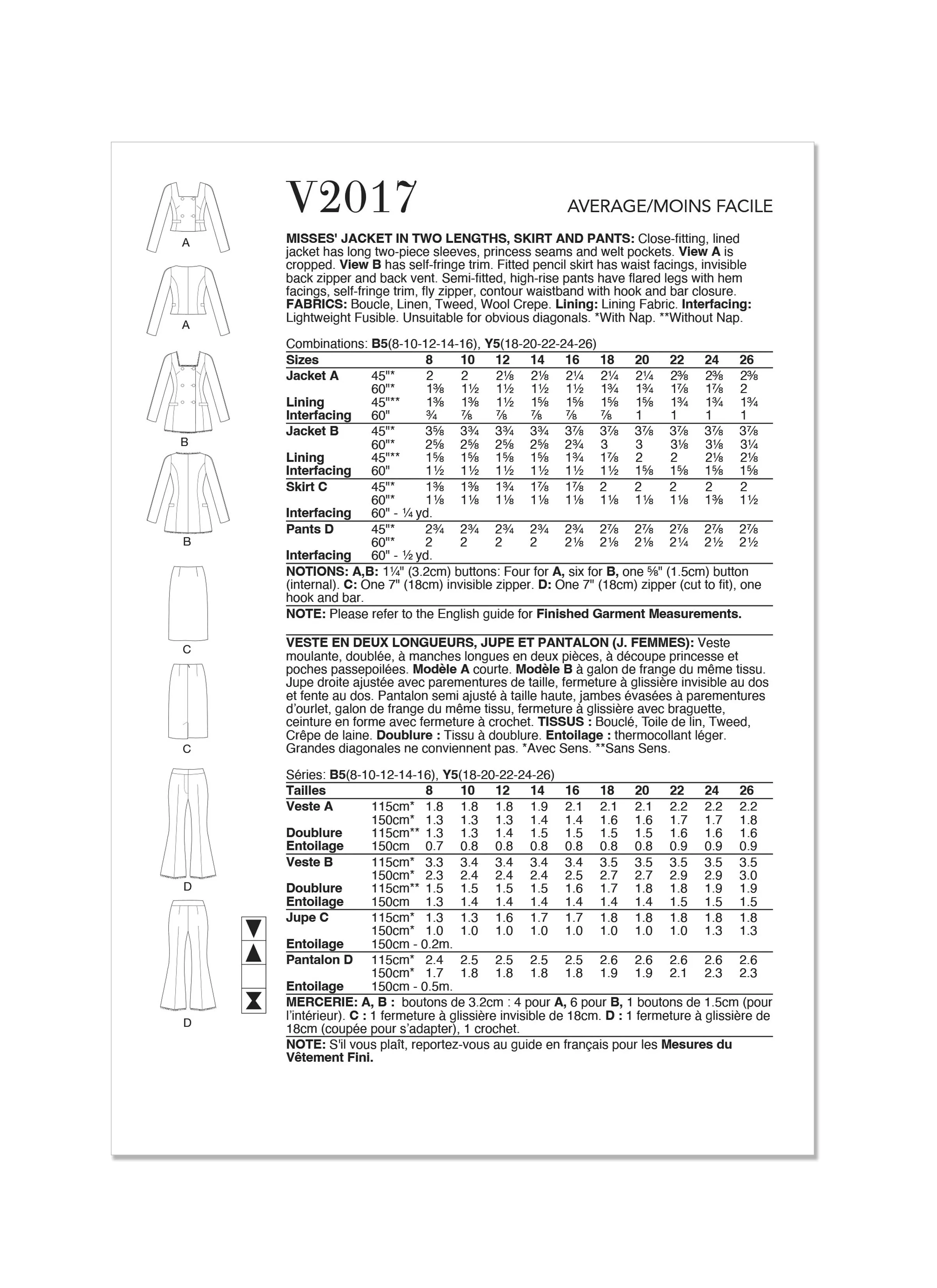Vogue Sewing Pattern 2017 Skirt Suit / Trouser Suit Pattern