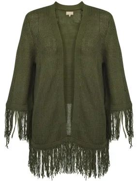 Women's fringed hem and cuffs dusty olive cardigan - Plum Tree