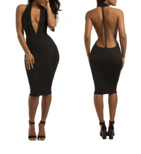 Women's Sexy Deep V-neck Backless Bodycon Club Dress J