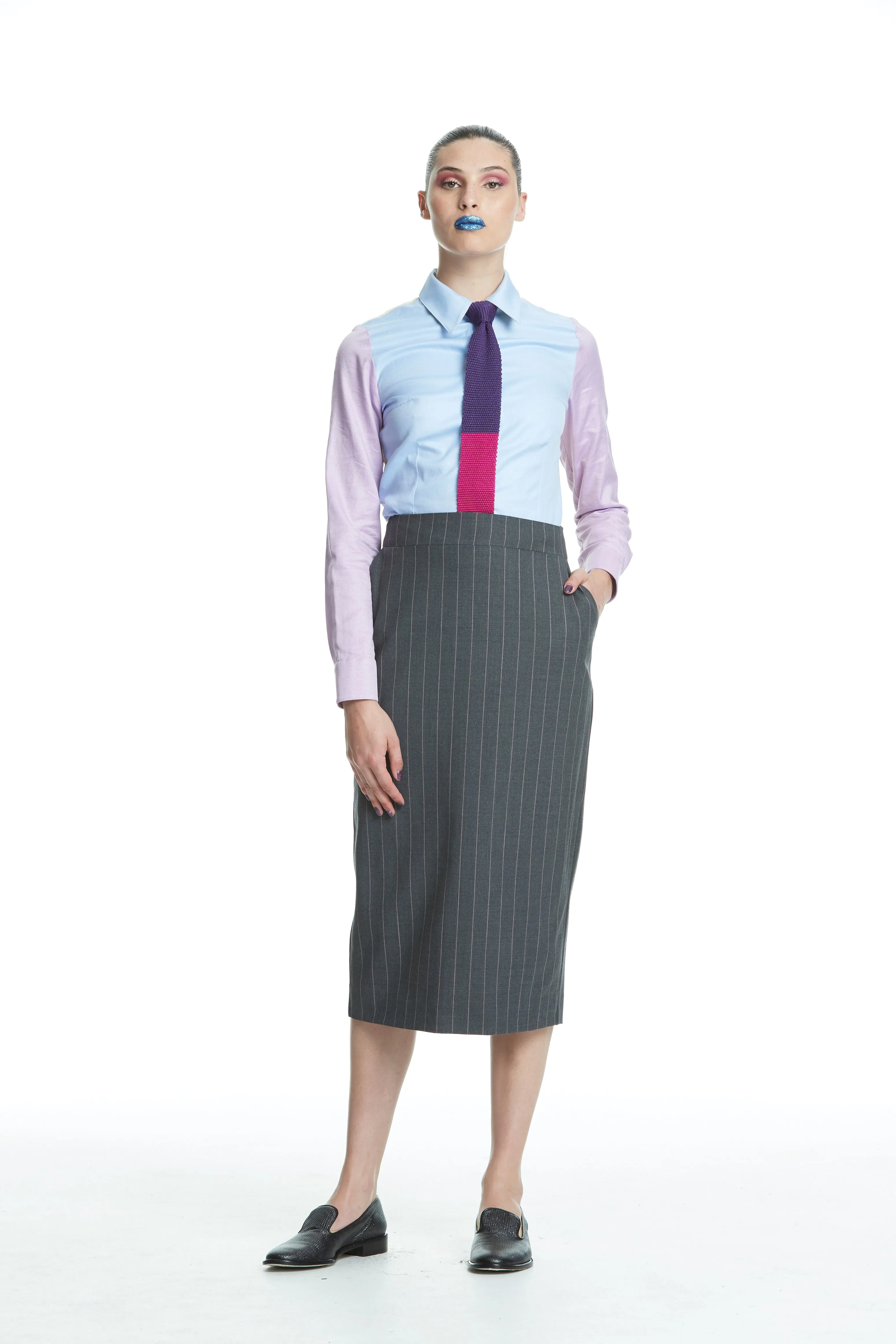 WORLD 4449 The Advertiser Long Pencil Skirt Charcoal Stripe