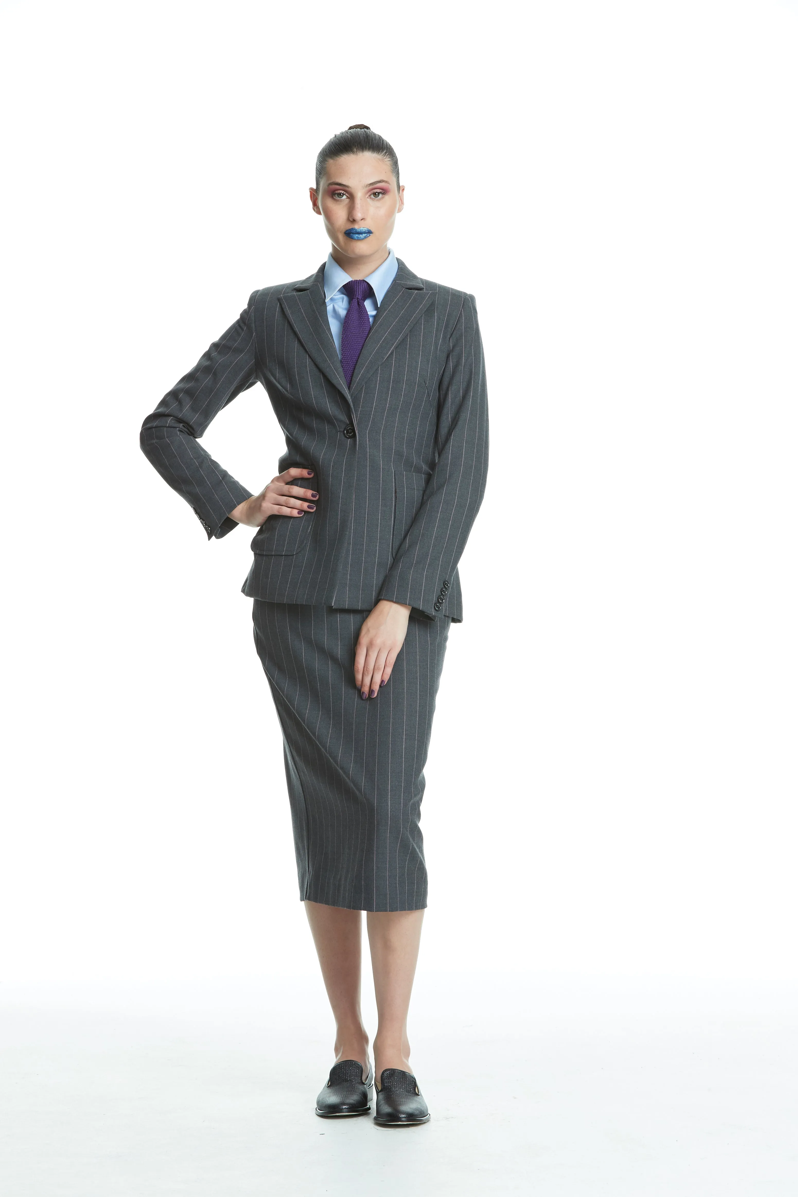 WORLD 4449 The Advertiser Long Pencil Skirt Charcoal Stripe